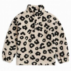 LOFT Leopard Print Sherpa Fleece Pullover Plush Cozy Snap Collar Top Medium